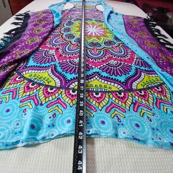 Mandala Kimono Beach Cover-Up Fringe Boho Hippy Multicolor Icy Blue One Size - Picture 11 of 13
